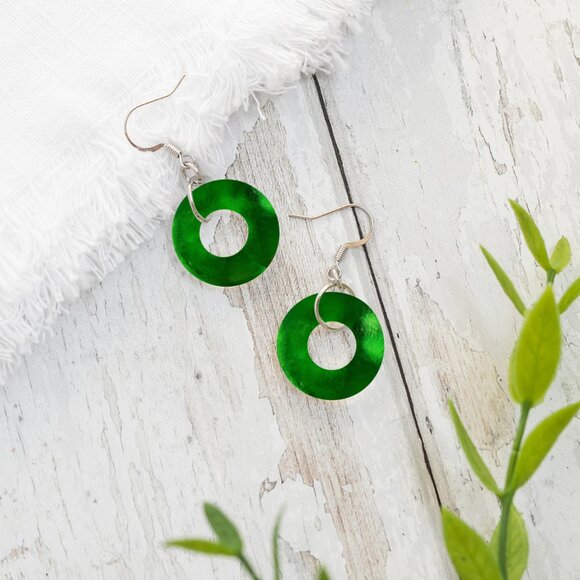 Recycled Vintage Emerald Beer Bottle Glass Hoop Earrings - Picture 2 of 6